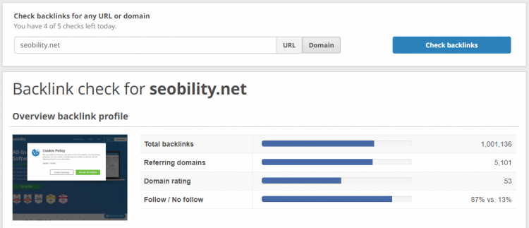 Seobility's free Backlink Checker displays the ratio of follow and nofollow links